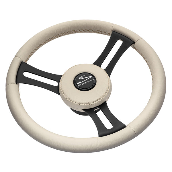 Schmitt Marine Torcello Elite 14" Wheel - Beige Leather  Cap - White Stitching - Black SS Spokes - 3/4" Tapered Shaft [PU081B11]